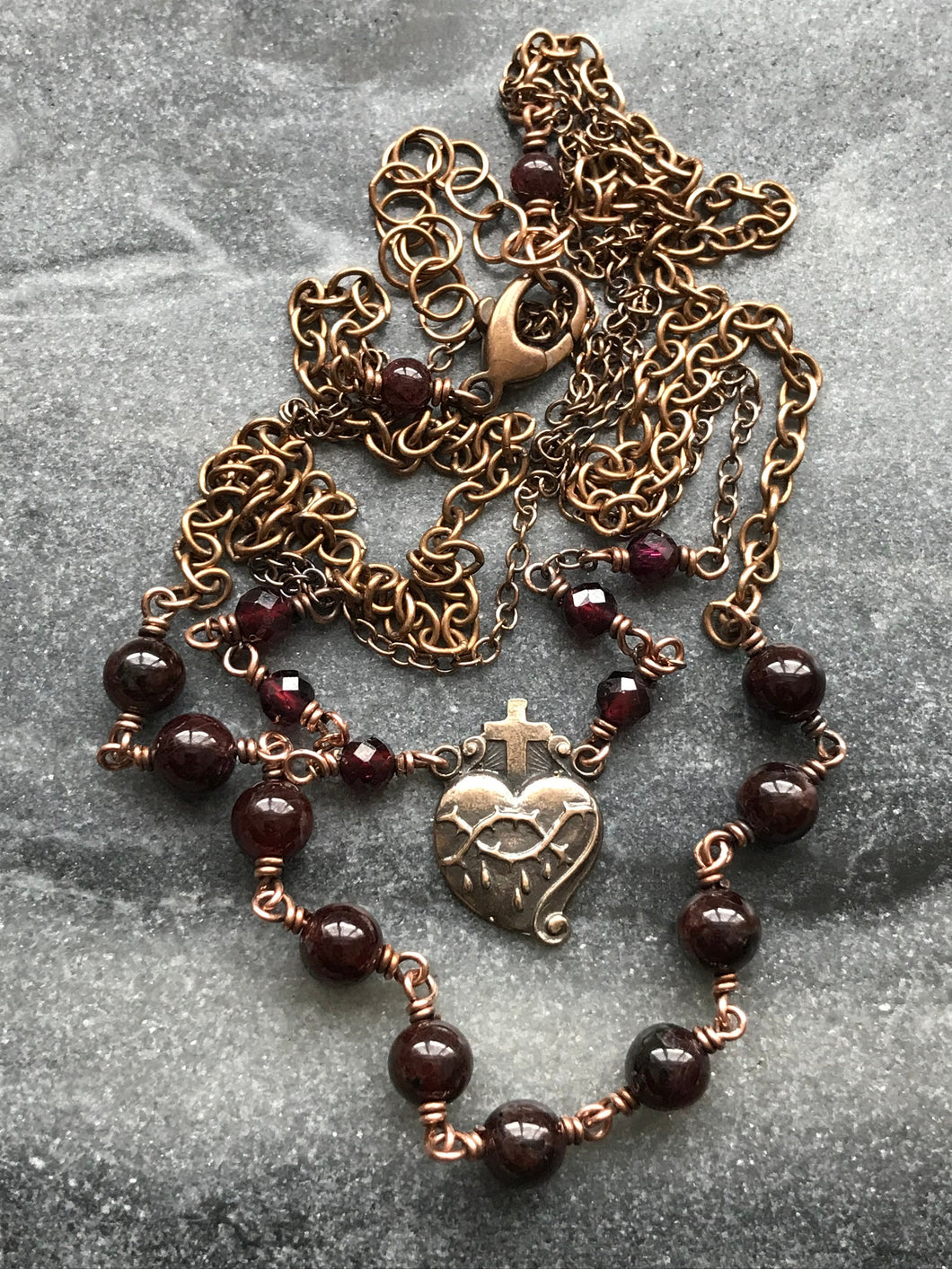 Sacred Heart Rosary Necklace, Garnet Gemstones and Bronze