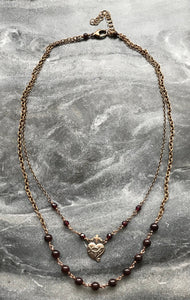 Sacred Heart Rosary Necklace, Garnet Gemstones and Bronze