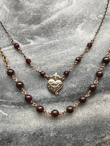 Sacred Heart Rosary Necklace, Garnet Gemstones and Bronze