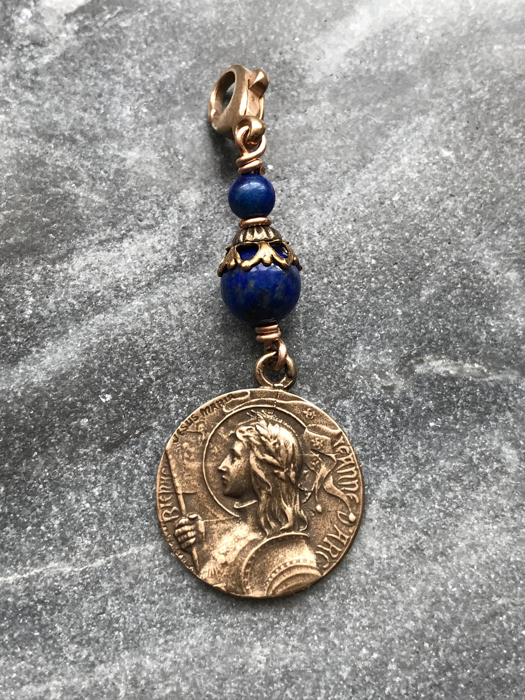 Bag Charm  Catholic Joan of Arc Zipper Pull - Bronze and Lapis