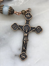 Load image into Gallery viewer, Confirmation Auto Rosary - Holy Spirit -Trinity - Aquamarine - Bronze Medals - Rear View Mirror Rosary CeCeAgnes
