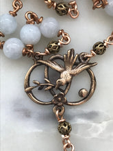 Load image into Gallery viewer, Confirmation Auto Rosary - Holy Spirit -Trinity - Aquamarine - Bronze Medals - Rear View Mirror Rosary CeCeAgnes
