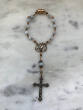 Load image into Gallery viewer, Confirmation Auto Rosary - Holy Spirit -Trinity - Aquamarine - Bronze Medals - Rear View Mirror Rosary CeCeAgnes
