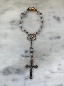 Confirmation Auto Rosary - Holy Spirit -Trinity - Aquamarine - Bronze Medals - Rear View Mirror Rosary CeCeAgnes