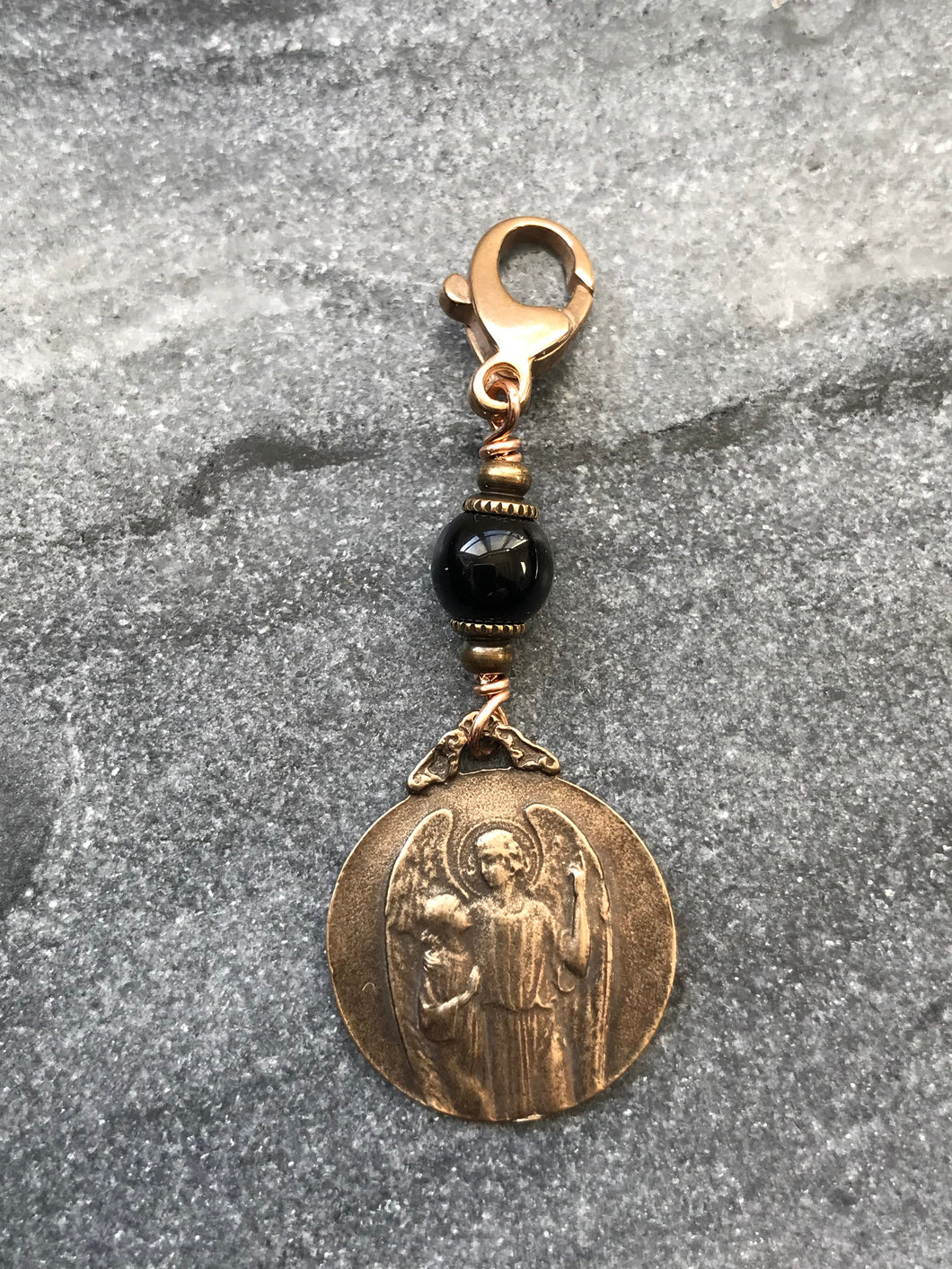 Bag Charm Guardian Angel Zipper Pull - Bronze and Onyx