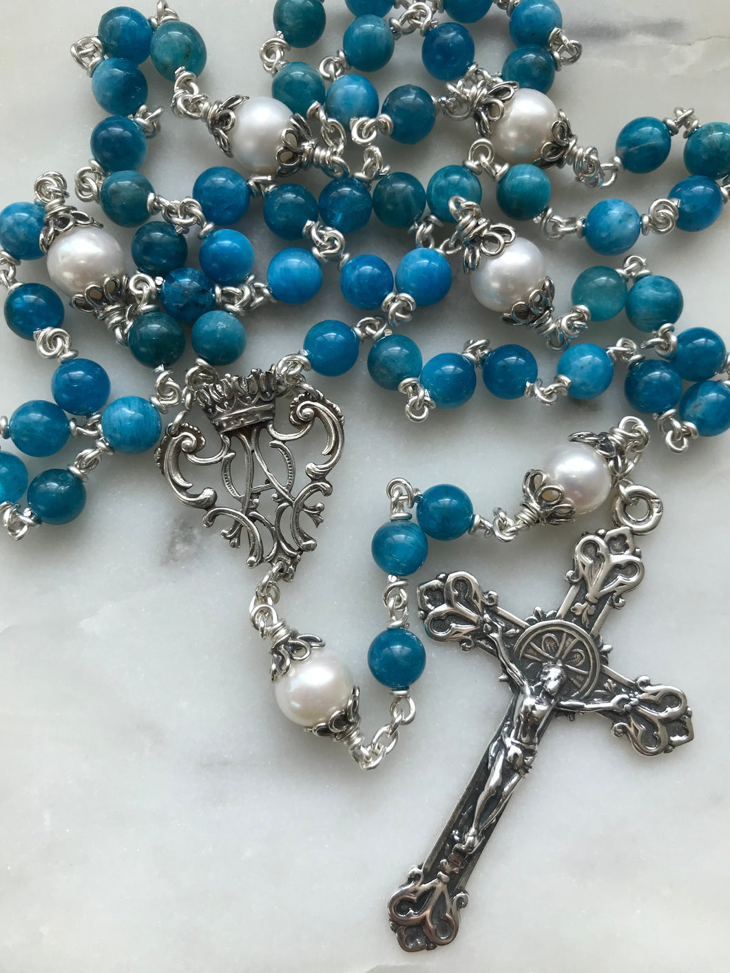 Apatite Gemstone Rosary - Sterling Silver Medals - Reproductions of Antique Medals CeCeAgnes