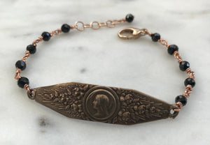 Virgin Mary Bracelet - Black Tourmaline Gemstones - Bronze