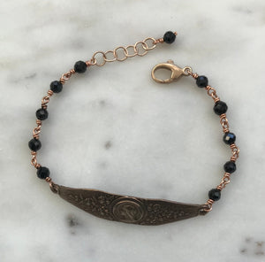 Virgin Mary Bracelet - Black Tourmaline Gemstones - Bronze