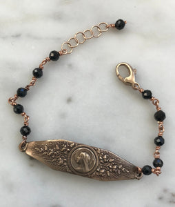 Virgin Mary Bracelet - Black Tourmaline Gemstones - Bronze