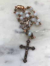 Load image into Gallery viewer, Confirmation Auto Rosary - Holy Spirit -Trinity - Aquamarine - Bronze Medals - Rear View Mirror Rosary CeCeAgnes
