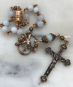 Confirmation Auto Rosary - Holy Spirit -Trinity - Aquamarine - Bronze Medals - Rear View Mirror Rosary CeCeAgnes