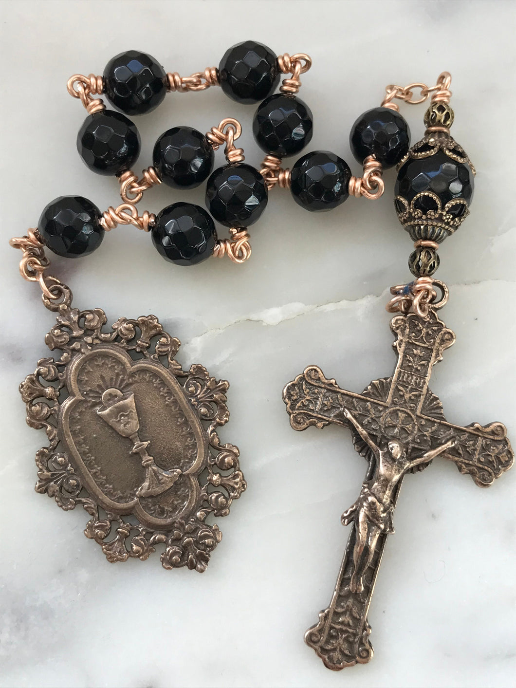 Blessed Sacrament Single Decade Rosary - Onyx and Bronze - Sacred Heart Crucifix - Tenner CeCeAgnes