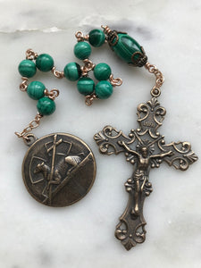 Agnus Dei Pocket Rosary - Green Tenner - Malachite Gemstones - Bronze Medals - Easter Single Decade Rosary CeCeAgnes