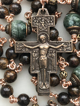 Load image into Gallery viewer, Bronze Franciscan Rosary - Saint Francis - Bronzite - Brown and Green Gemstones - San Damiano Crucifix CeCeAgnes
