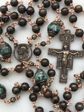 Load image into Gallery viewer, Bronze Franciscan Rosary - Saint Francis - Bronzite - Brown and Green Gemstones - San Damiano Crucifix CeCeAgnes
