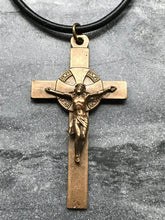 Load image into Gallery viewer, Bronze Crucifix Car Charm: Double Sided Rearview Mirror Medal
