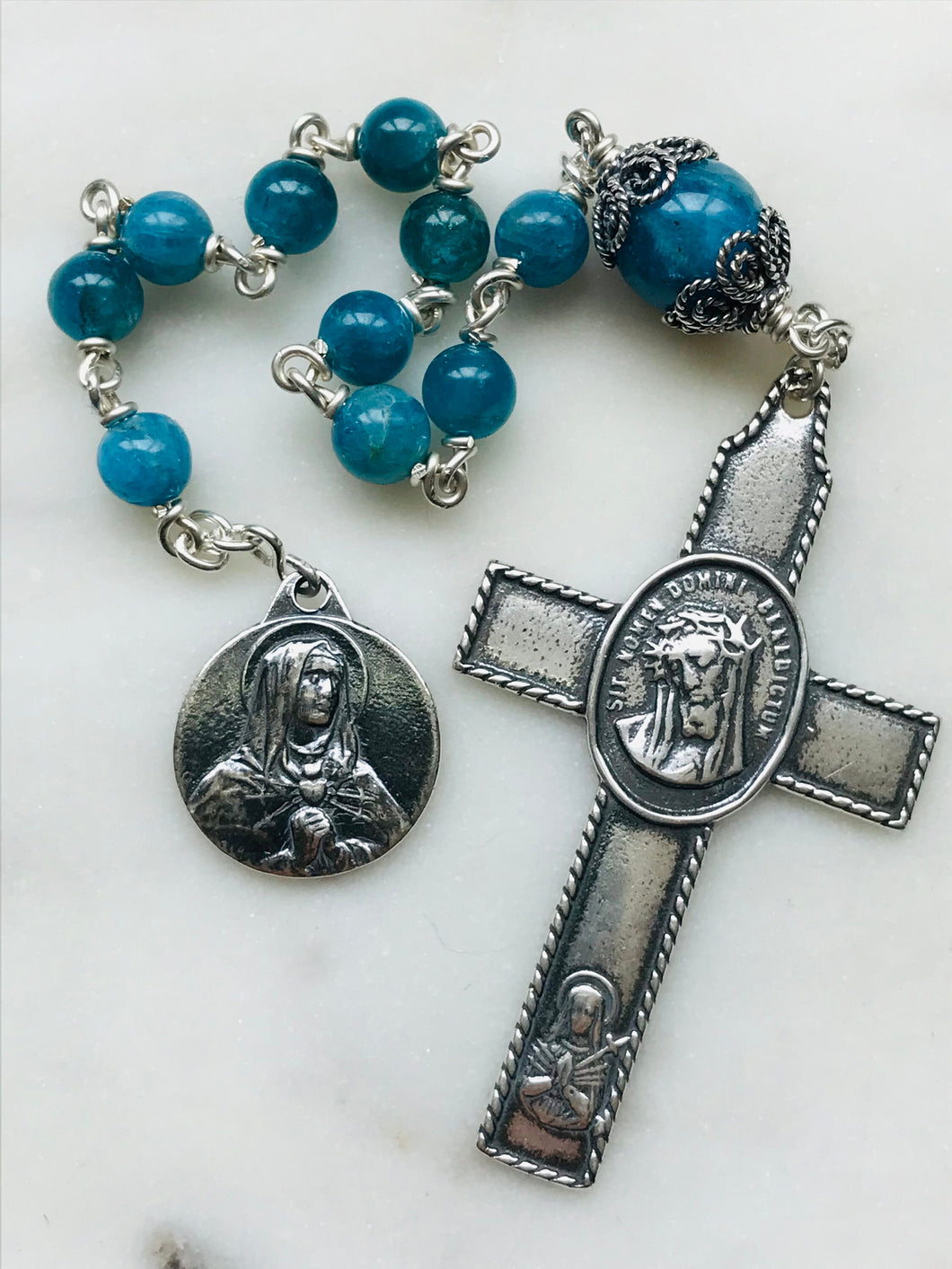 Passion rosary - Apatite and Sterling Silver - Our Lady of Sorrows CeCeAgnes