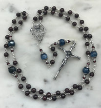 Load image into Gallery viewer, Garnet and Kyanite Gemstone Rosary - Sterling Silver - Reproductions of Antique Medals CeCeAgnes
