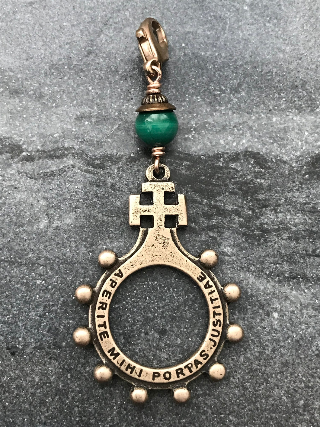 Bag Charm - Rosary Ring Zipper Pull - Finger Rosary - Bronze and Malachite