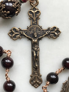 Divine Mercy Chaplet Pocket Rosary - Garnet Gemstones and Bronze - Lilies Crucifix - Single Decade Rosary CeCeAgnes