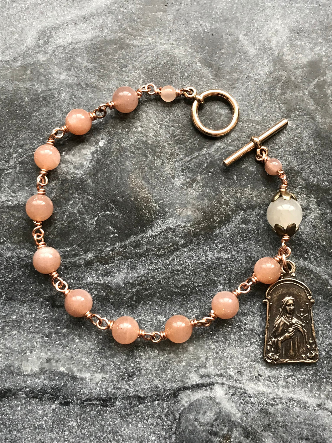 Orange Moonstone Rosary Bracelet - Saint Therese - Solid Bronze