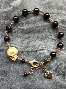 Memento Mori Rosary Bracelet - Sacred Heart  - Solid Bronze and Garnet