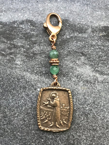 Bag Charm - Saint Francis Zipper Pull - Bronze and Emerald