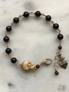 Memento Mori Rosary Bracelet - Sacred Heart  - Solid Bronze and Garnet