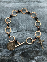 Load image into Gallery viewer, Black Tourmaline and Bronze Bracelet - Saint Benedict and Saint Michael
