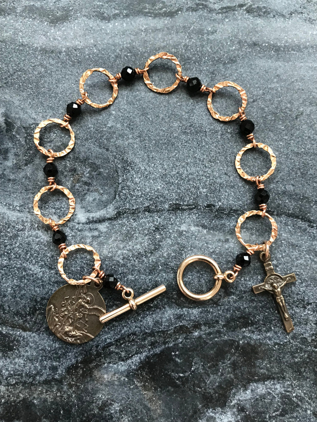 Black Tourmaline and Bronze Bracelet - Saint Benedict and Saint Michael