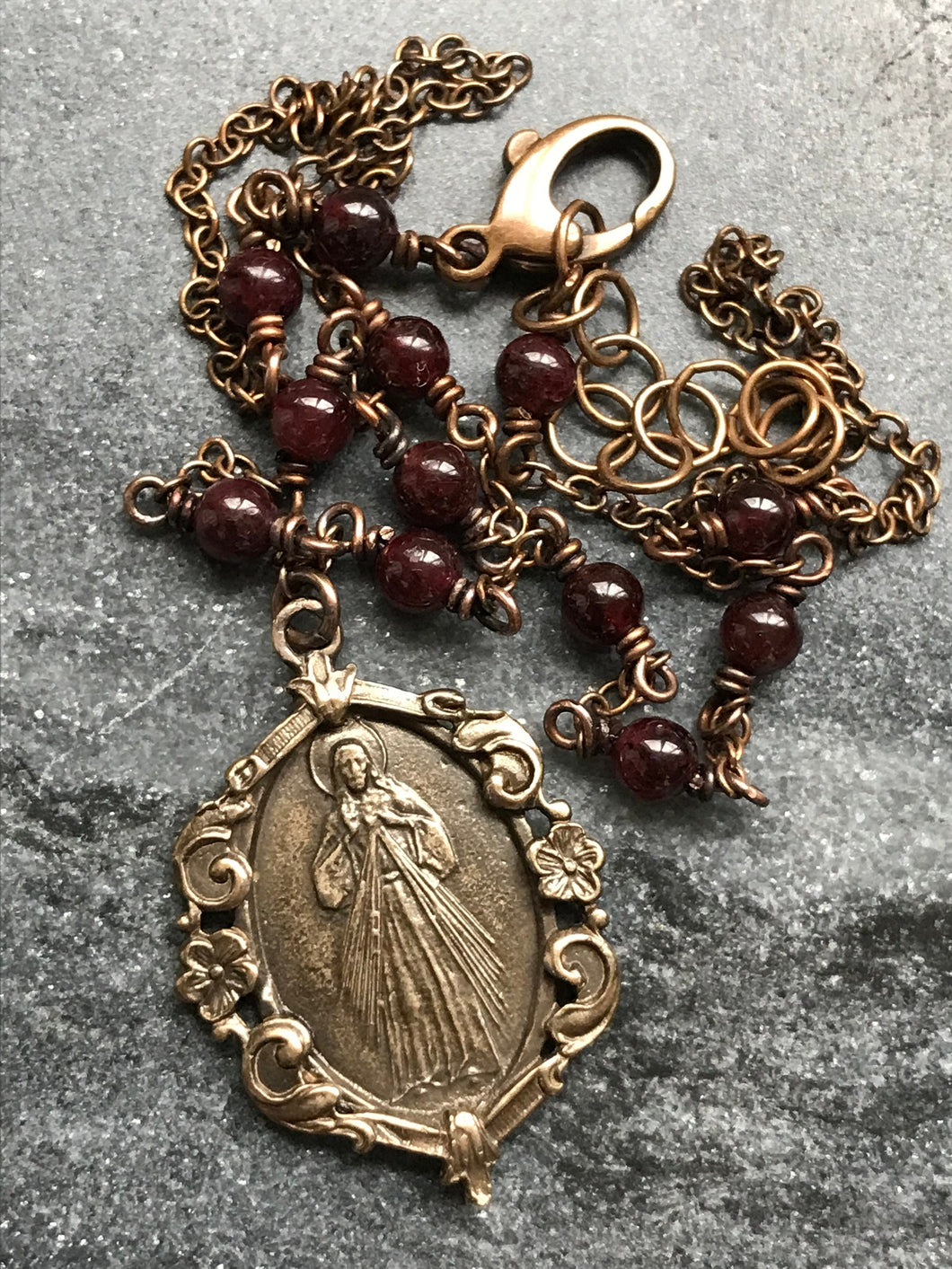 Divine Mercy Necklace - Solid Bronze and Garnet