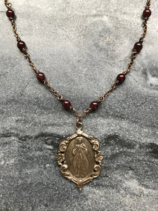 Divine Mercy Necklace - Solid Bronze and Garnet