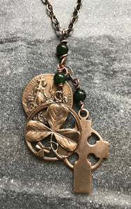 Irish Holy Spirit Necklace - Solid Bronze and Jade - Celtic Cross - Shamrock