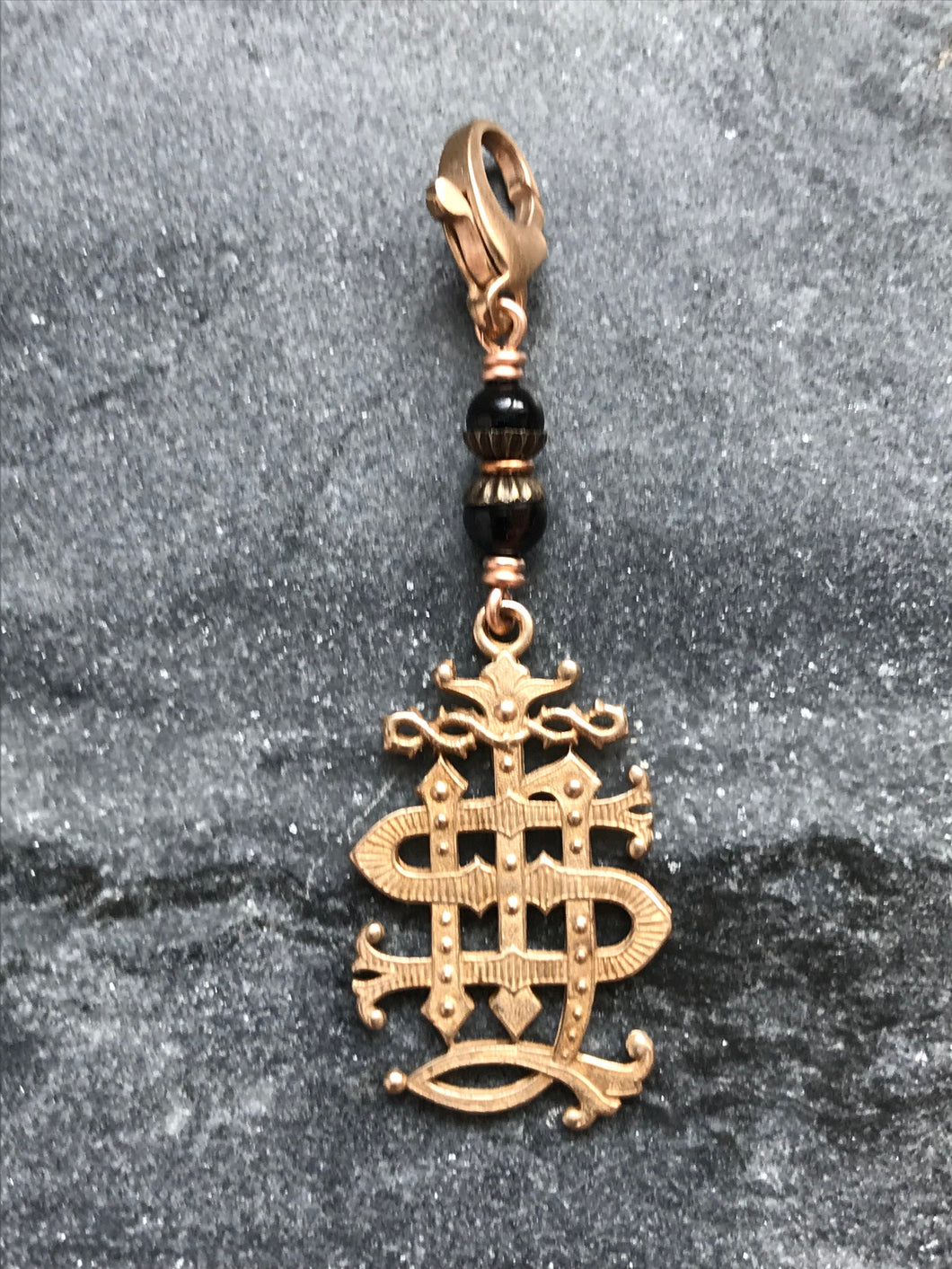 Bag Charm Jesuit Zipper Pull - Bronze and Onyx