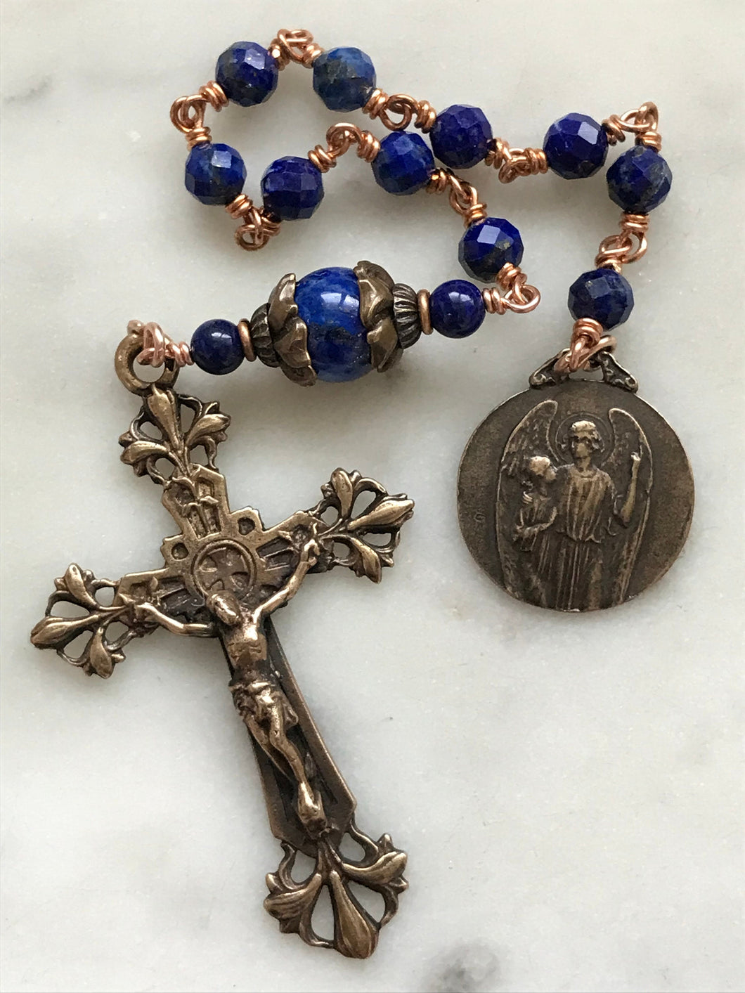 Tiny Tenner - Guardian Angel Pocket Rosary - Bronze and Lapis CeCeAgnes