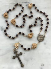 Load image into Gallery viewer, Memento Mori Rosary - Holy Face of Jesus - Garnets and Ox Bone Skulls - Bronze - Wire-wrapped - Pardon Crucifix CeCeAgnes
