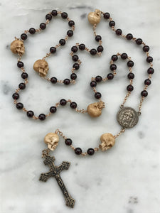 Memento Mori Rosary - Holy Face of Jesus - Garnets and Ox Bone Skulls - Bronze - Wire-wrapped - Pardon Crucifix CeCeAgnes