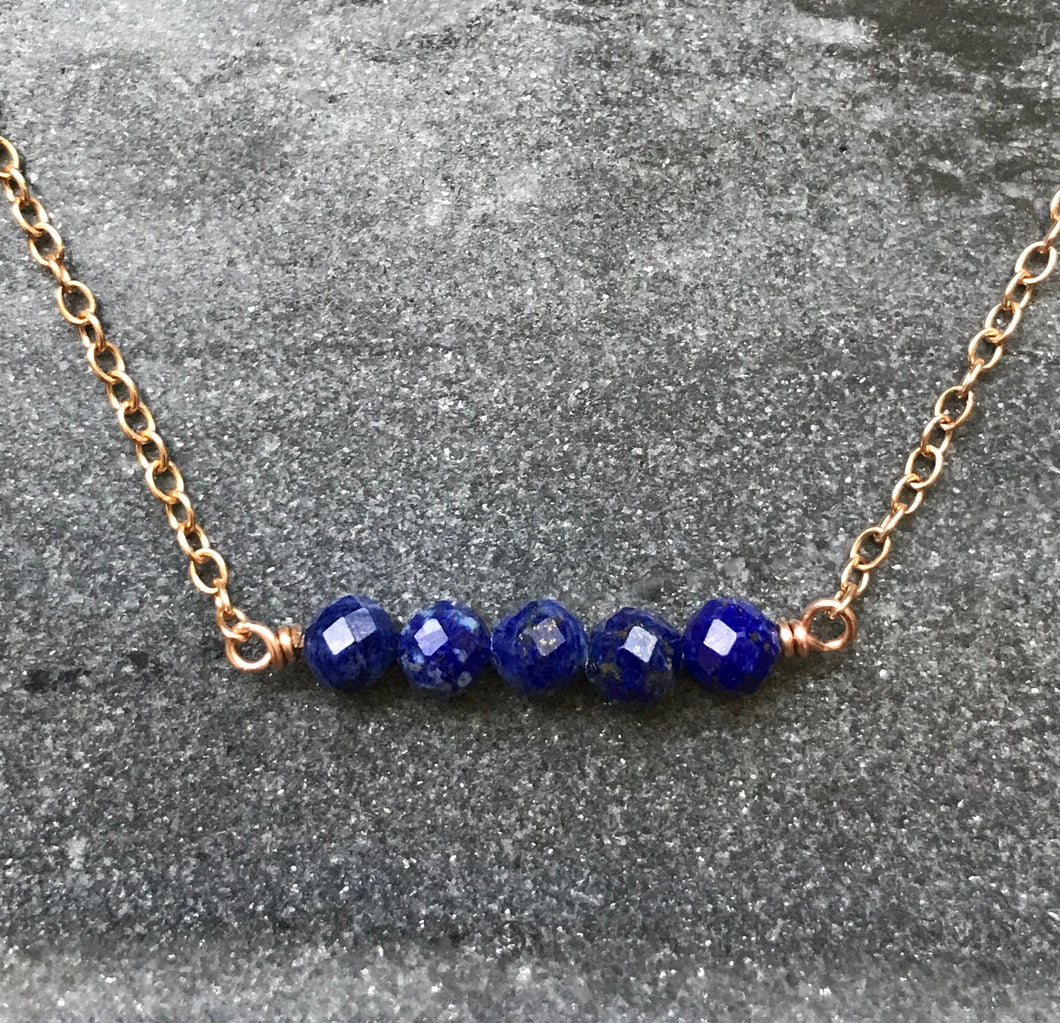 Beaded Bar Necklace - Solid Bronze - Lapis Lazuli