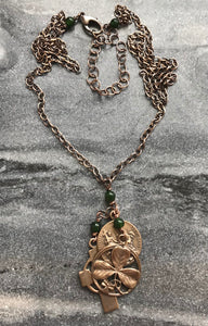 Irish Holy Spirit Necklace - Solid Bronze and Jade - Celtic Cross - Shamrock