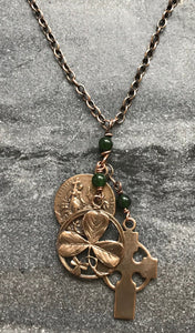 Irish Holy Spirit Necklace - Solid Bronze and Jade - Celtic Cross - Shamrock