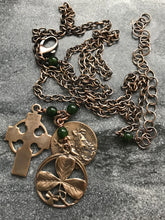 Load image into Gallery viewer, Irish Holy Spirit Necklace - Solid Bronze and Jade - Celtic Cross - Shamrock
