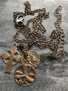 Irish Holy Spirit Necklace - Solid Bronze and Jade - Celtic Cross - Shamrock