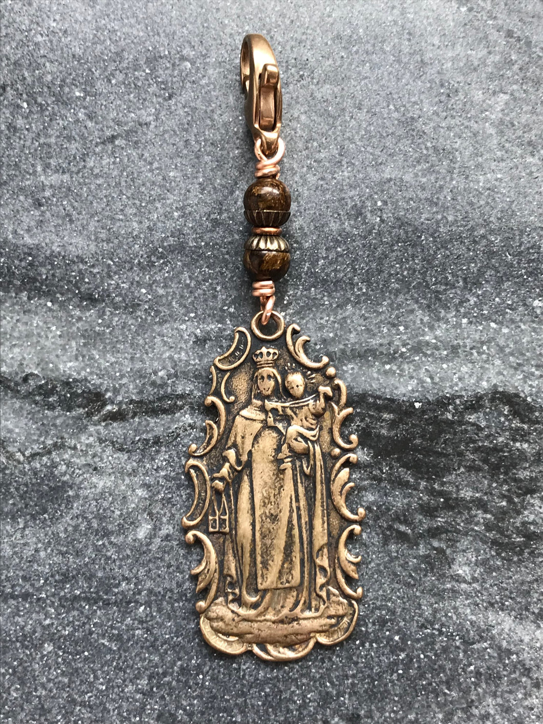 Bag Charm Our Lady of Carmel Zipper Pull - Bronze and Bronzite