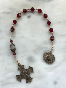 Sacred Heart Pocket Rosary - Our Lady of Sorrows - Red Siam Crystals and Bronze CeCeAgnes