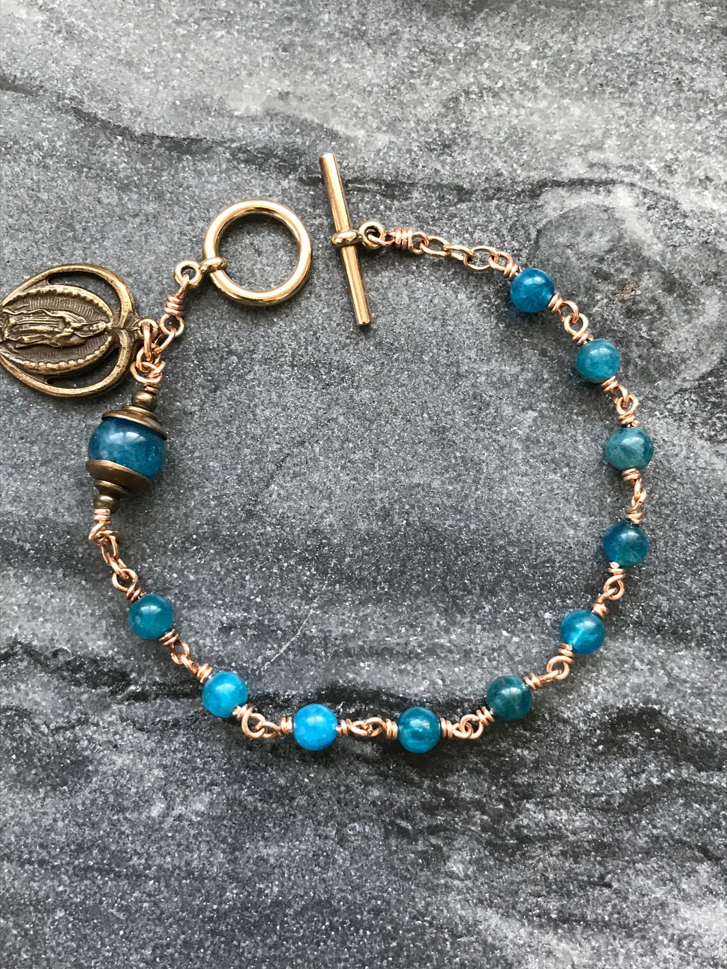 Our Lady of Guadalupe Apatite and Bronze Rosary Bracelet