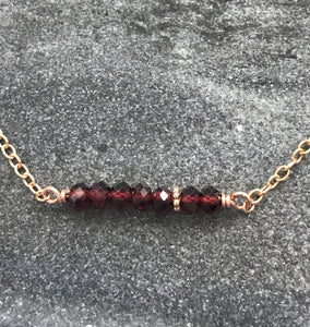 Beaded Bar Necklace - Solid Bronze - Garnets