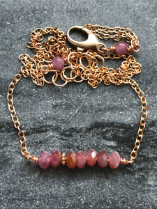 Beaded Bar Necklace - Solid Bronze - Rubies