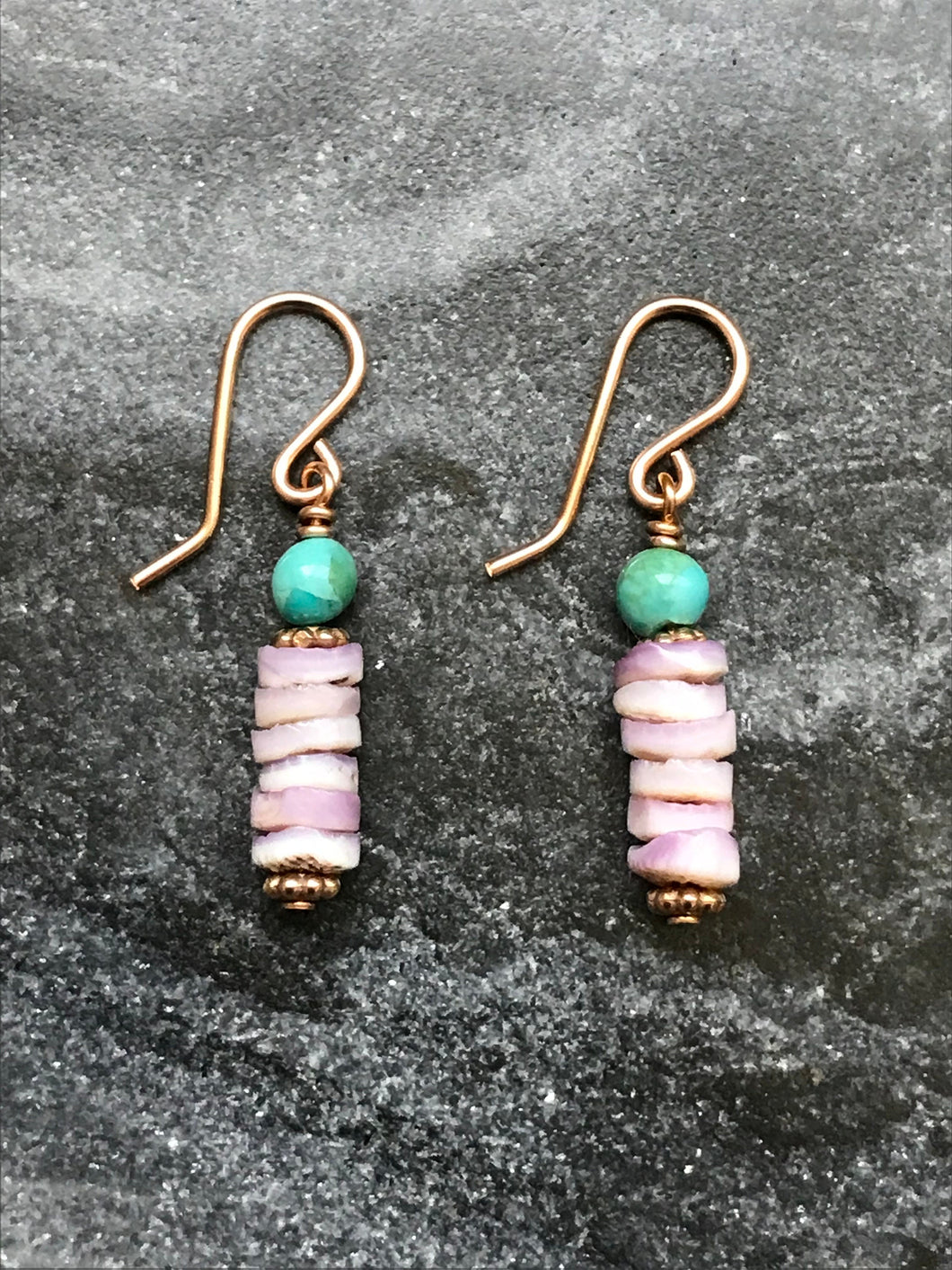 Earrings - Solid Bronze Turquoise and Heishi Shell Beads