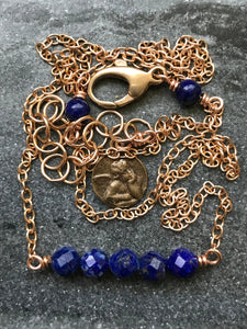 Beaded Bar Necklace - Solid Bronze - Lapis Lazuli