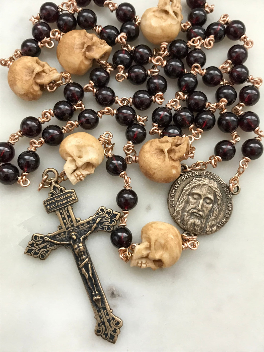 Memento Mori Rosary - Holy Face of Jesus - Garnets and Ox Bone Skulls - Bronze - Wire-wrapped - Pardon Crucifix CeCeAgnes